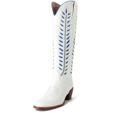 Imagem de SIFINELAR Botas de caubói femininas retrô bordadas com folhas largas para vaqueira, cano alto, salto grosso, bico redondo, bota ocidental, Branco, 40