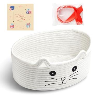 Imagem de Bufims Cesta de presente pequena para gatos de tecido, organizador de caixas de brinquedo vazias com fitas e bolsas, presente para animais de estimação fofos, duráveis, 30 x 20 x 12,7 cm, cesta de