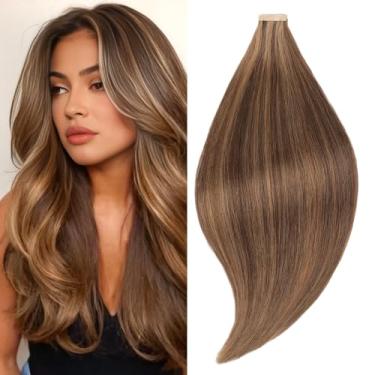 Imagem de Extensões de cabelo humano real fita adesiva de 61 cm marrom acastanhado a amarelo acastanhado para extensão de cabelo de trama de pele, fita invisível em extensões de cabelo, cabelo humano remy liso