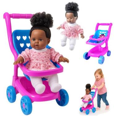 Imagem de Kit Carrinho Boneca + Soft Hair Negra Bebe Conforto Macia - EINSTOK