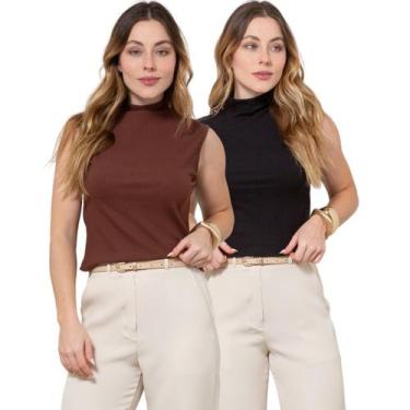 Imagem de Kit 2 Regatas Feminina Cavada Gola Alta Canelada - Maranne, Kit22, P