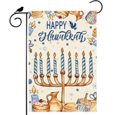 Imagem de ZAEW Happy Hanukkah Garden Flag Dreidel Candle Doves Menorah Yard Flag 12x18 polegadas Dupla Face Pequeno Chanucá Mini Quintal Exterior Exterior Decoração de Festa de Feriado
