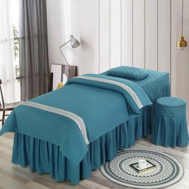 Imagem de JONKMY Jogo de lençol de mesa de massagem, saia de cama de beleza, 4 peças, macia, simples, spa, salão, salão, cama, saia para cama com orifícios, conjunto de cama especial - azul - 1|70 x 185 cm