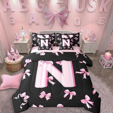 Imagem de Erosebridal Conjunto de cama casal com letra N de 7 peças, cama com laço fofo para meninas adolescentes em uma bolsa, conjunto de edredom com laço rosa com monograma, moderno, feminino, fofo, edredom