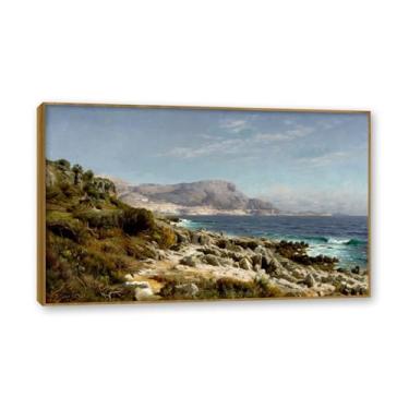 Imagem de NHLDZYH Moldura externa de teca. Famosas pinturas a óleo (paisagem 12) por Peder Mork Monsted, reprodução impressa em tela, arte de cenário para decoração de sala de estar. 70 x 112 cm - 27,6 x 44,0