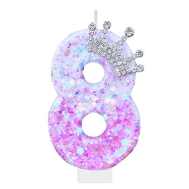 Imagem de Vela roxa de aniversário número 8 para bolo, coroa roxa, enfeite de bolo, decorações de festa de aniversário de princesa, enfeite de cupcake, lembrancinhas de festa, suprimentos de decoração