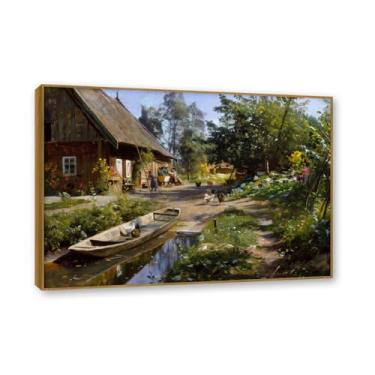 Imagem de NHLDZYH Moldura externa de teca. Famosas pinturas a óleo, (Dia ensolarado no país) por Peder Mork Monsted, reprodução impressa em tela, arte de cenário para decoração de sala de estar. 50 x 70 cm