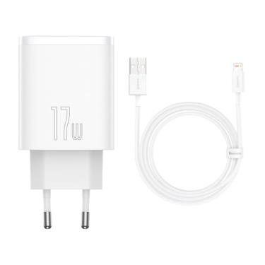 Imagem de Carregador de Parede Baseus Compact 3U 17W Branco(com cabo lightning Baseus superrior series 1m branco)