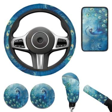 Imagem de WUYOJUXA Conjunto de capa de volante de carro com estampa de pavão azul para homens e mulheres lindo carro decoração de copo porta-copos capa de freio de mão ajuste universal para automóveis, SUVS