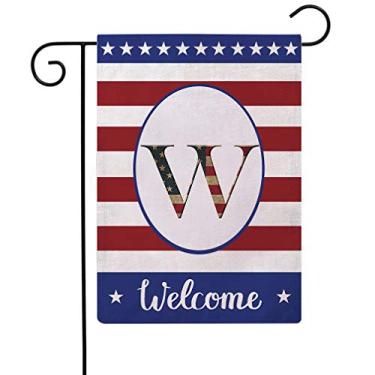 Imagem de Bandeira decorativa patriótica com inicial de letra de bandeiras de jardim com monograma W dupla face bandeira americana de dia da independência Bandeira de jardim de boas-vindas Bandeiras de jardim 31,75 cm × 45,72 cm para decoração de casa e pátio ao ar livre (W)