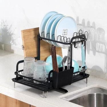 Imagem de Escorredor de Louça Preto 2 Andares com Bandeja Coletora Pratos, Porta