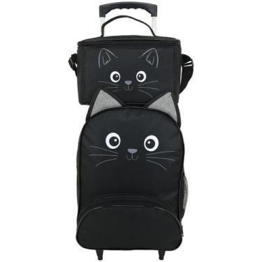 Imagem de Kit Mochila Escolar Infantil De Rodinhas Gato Preto Lancheira Térmica 