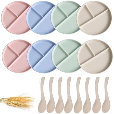 Imagem de Pacote com 8 pratos divididos, placa de controle de porção inquebrável de 22 cm com divisórias, pratos de jantar com separador de alimentos de plástico com 8 colheres, compartimento leve, reutilizável