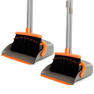 Imagem de XXFLOWER Conjunto de 2 vassouras e pá de lixo com cabo longo, vassoura de poeira pesada e combo de pá de lixo para casa, cozinha, escritório, pelos de animais de estimação (cinza laranja)