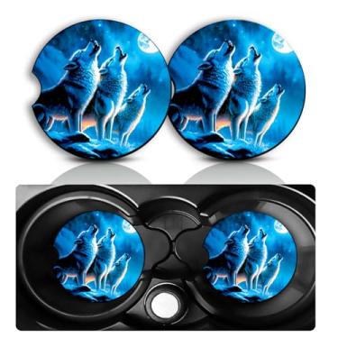 Imagem de Conjunto de 2 porta-copos de carro lobo – Acessórios divertidos para carro lobo 7 cm, tamanho universal, tapete de borracha antiderrapante, porta-copos embutidos, decoração de lobos, presentes para