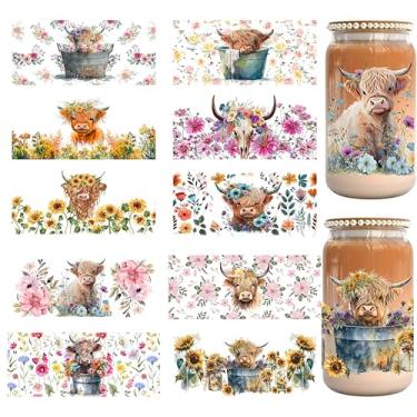 Imagem de Adesivos de transferência de vidro UV DTF, 10 adesivos de transferência UV DTF com tema de vaca Highland, adequados para copos de vidro Libbey de 473 ml, artesanato de móveis, marcenaria, faça você