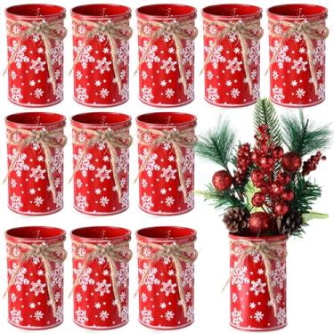 Imagem de Potchen Vaso de floco de neve de Natal para decoração de 12 peças, vaso de flores vintage com laço de barbante, baldes rústicos de metal galvanizado para flores artificiais para mesa de Natal