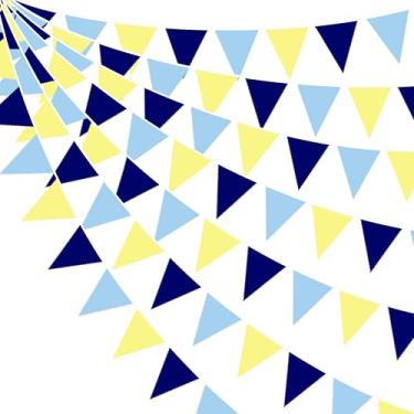 Imagem de Decoração de festa azul amarela de 8,5 m bandeira de triângulo amarelo azul bandeira flâmulas de tecido guirlanda para Capri limão aniversário náutico chá de bebê chá de bebê mar mediterrâneo festa