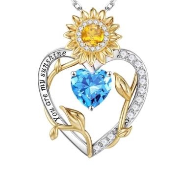 Imagem de Iefil Presentes de girassol para mulheres – Colar feminino com pingente de coração e girassol de prata esterlina S925, presentes de aniversário para esposa, colar You Are My Sunshine, joia para esposa