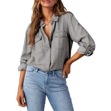 Imagem de Camisa feminina elegante de ganga com botões, cinza claro, GG - Astyli