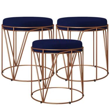 Imagem de Kit 03 Puffs Decorativo Aramado Bronze Zaya L02 Suede Azul Marinho - L