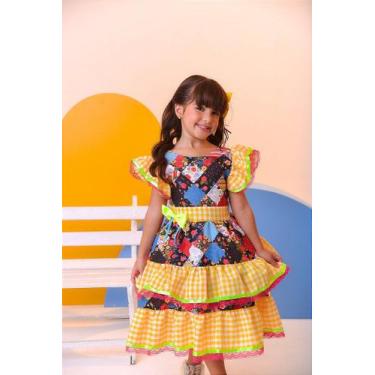 Imagem de Vestido Junino Luxo Infantil Festa São João Amarelo Xadrez Colorido - 