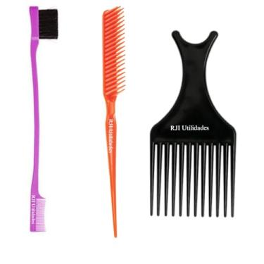 Imagem de Kit Pente Cabelo Garfo Afro Black + Pente 3 Fileiras Fitagem + Baby Hair Sombrancelha Pentinho 2 em 1 - RJI Utilidades