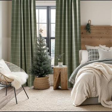 Imagem de KGORGE Cortinas xadrez 100% blackout, 2 painéis, xadrez verde musgo, isolamento térmico, vintage, padrão guingão, cortinas para quarto, sala de estar, cozinha, quarto de crianças, aba traseira com