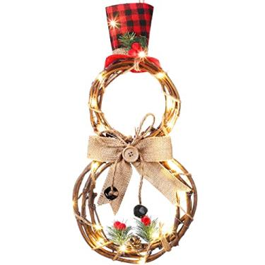 Imagem de Guirlanda iluminada de Natal, guirlanda de boneco de neve, guirlanda de Natal grande de videira com chapéu e laço, enfeite de pendurar na parede de Natal para porta da frente, casa, jardim, parede,