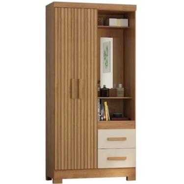 Imagem de Guarda Roupa Capelinha Atualle Solteiro com Espelho 2 Portas 2 Gavetas Cor Canelato Rústico 3D Off White
