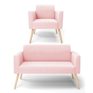 Imagem de Sofá Namoradeira com Poltrona Pés Palito Natural Marisa Suede Rosa Bebê D03 - D?Rossi