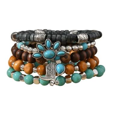 Imagem de MMIUAEG Pulseiras de turquesa natural feitas à mão com contas para botas ocidentais cabeça de boi oval flor cruz de coco pulseira para homens mulheres vintage cowboy vaqueiras joias turquesa, Medium