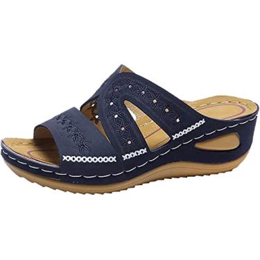 Imagem de Chinelos de salto plataforma bordada multicolorida com boca de peixe, Azul, 5.5