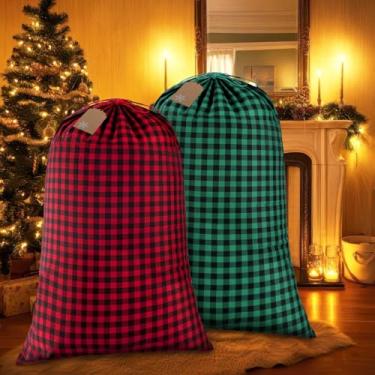 Imagem de Sacos de presente de Natal de tecido jumbo de 89 x 139 cm com cordão, 2 peças de sacos de Natal xadrez buffalos pretos vermelhos e verdes com etiquetas de presente Kraft, saco de Papai Noel