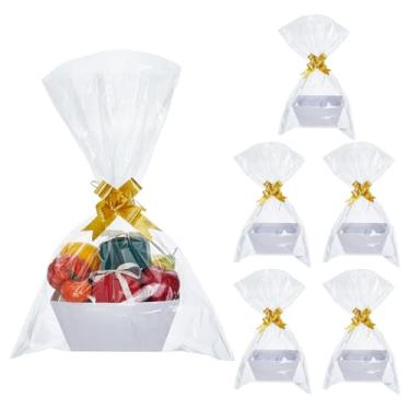 Imagem de SUPERFINDINGS 6 peças de cestas de papelão branco kit vazio com sacos de plástico e caixas de armazenamento de presente de papel kraft com laço resistente DIY cestas de presentes a granel para Páscoa