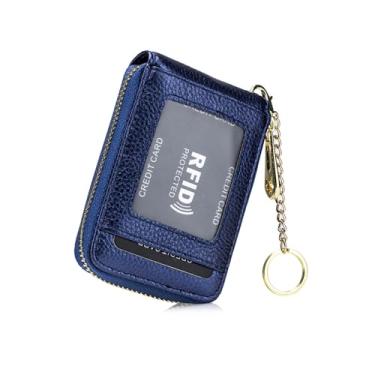 Imagem de Carteira feminina de couro com porta-cartões de crédito RFID com chaveiro, multicartões e organizador de moedas, Azul A, Cor lisa