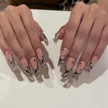 Imagem de Kit de unhas prensadas longas quadradas francesas de cola falsa com design simples cobertura completa bastão falso artificial em unha de acrílico para mulheres uso diário 24 peças