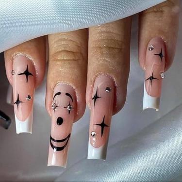 Imagem de Pregos quadrados longos de Halloween com cola falsa branca francesa com design simples de estrela, strass, cobertura total, bastão falso artificial em unha de acrílico para mulheres, uso diário, 24