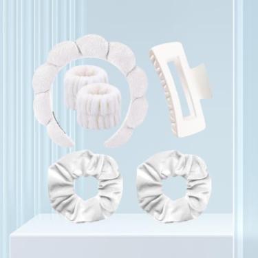 Imagem de 6 conjuntos de faixas de cabeça de spa para lavar o rosto cuidados com a pele facial, faixas de flores, clipe de garra, faixas de maquiagem inchadas para máscara de lavagem de rosto, faixa de cabeça