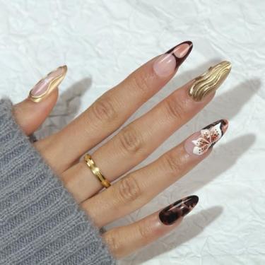 Imagem de Kit de unhas de pressão médio longo amêndoa francesa cola em unhas falsas com design de estampa de leopardo cobertura completa bastão falso artificial em unha de acrílico para mulheres uso diário 24