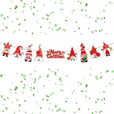 Imagem de Faixa de decoração de Natal – Placa festiva de Feliz Natal com cordão e anão para janela de parede de lareira, guirlanda de Natal retrô tradicional vermelha e verde