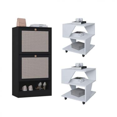 Imagem de Kit Sapateira 2 Portas E 2 Mesas De Cabeceira/centro Poquema Branco/preto