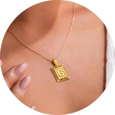 Imagem de Colar com letra inicial para mulheres, aço inoxidável banhado a ouro 18K, pingente retangular A–Z, corrente de 50,8 cm, 20in, Aço inoxidável, Sem Pedra Preciosa