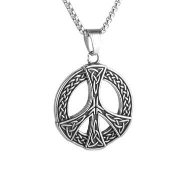 Imagem de Colar com pingente de sinal de paz de nó celta de dupla face para homens e mulheres, aço inoxidável 316L, corrente quadrada de pérola de aço inoxidável prateado, joia vintage para presente