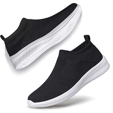 Imagem de vibdiv Tênis de caminhada feminino, casual, leve, confortável, respirável, sem fecho, Zapatillas de Mujer, Preto, branco, 37