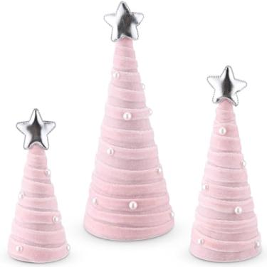Imagem de Leitee 3 peças de decorações de mesa de Natal de veludo, mini árvores de Natal com pérolas e estrelas, para Natal, Ano Novo, Inverno, casa, cozinha, mesa, presente feminino (rosa)