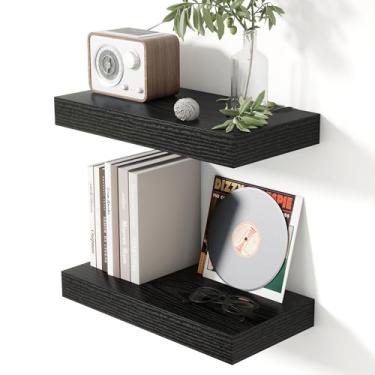 Imagem de Heimlove Conjunto de 2 prateleiras flutuantes de parede pretas de 40,6 cm, de madeira rústica de 20 cm, com suportes invisíveis para quarto, cozinha, sala de estar