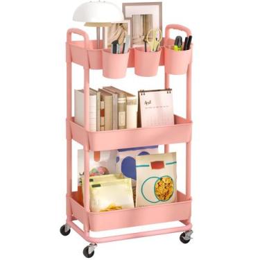 Imagem de Carrinho utilitário JIUYOTREE 3-Tier Plastic Rolling Pink