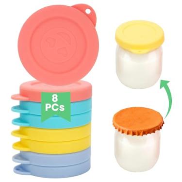 Imagem de 8 peças de tampas de silicone para pote pequeno de 118 ml, tampas de substituição herméticas reutilizáveis, tampas coloridas à prova de vazamento para potes de vidro, grau alimentício, lavável na