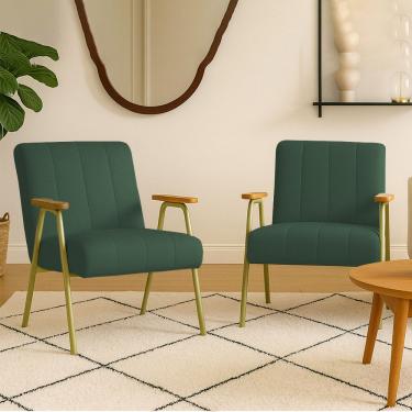 Imagem de Poltrona Sala Decorativa Industrial Dourado Kit 2 Laurita Linho Verde K01 - D'rossi